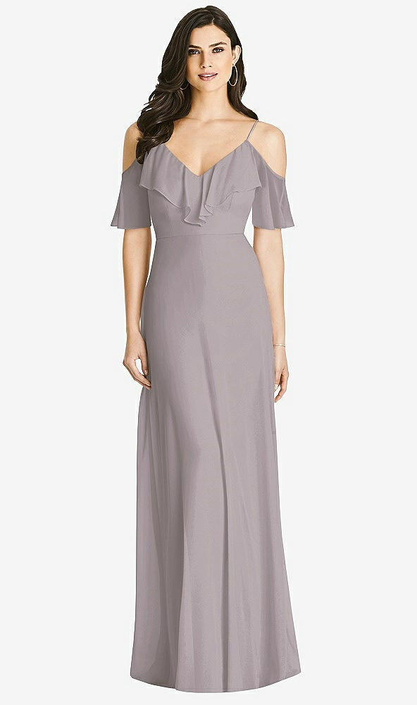 Front View - Cashmere Gray Ruffled Cold-Shoulder Chiffon Maxi Dress