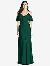 Front View Thumbnail - Hunter Green Ruffled Cold-Shoulder Chiffon Maxi Dress