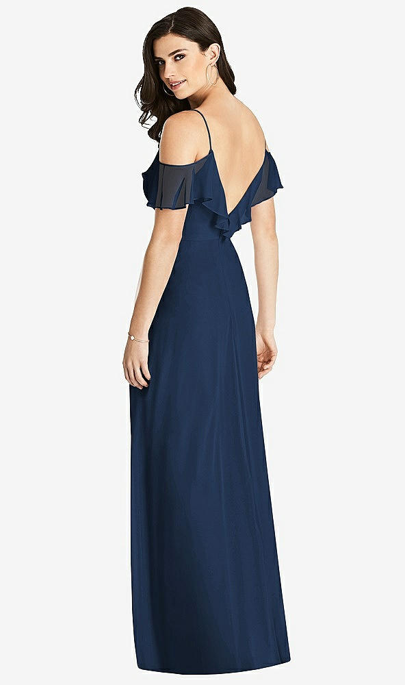 Back View - Midnight Navy Ruffled Cold-Shoulder Chiffon Maxi Dress