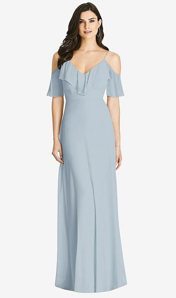 Front View - Mist Ruffled Cold-Shoulder Chiffon Maxi Dress