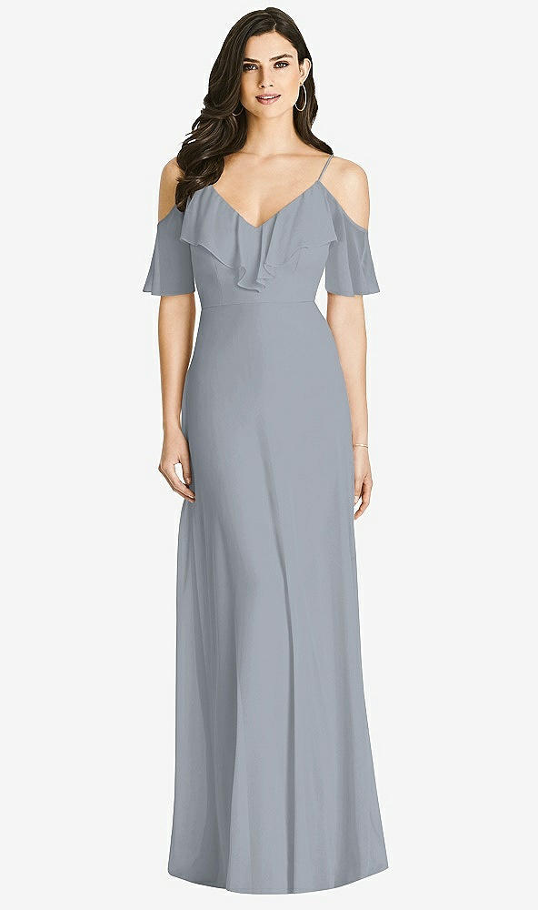 Front View - Platinum Ruffled Cold-Shoulder Chiffon Maxi Dress