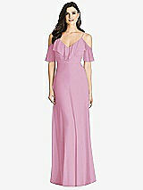 Front View Thumbnail - Powder Pink Ruffled Cold-Shoulder Chiffon Maxi Dress