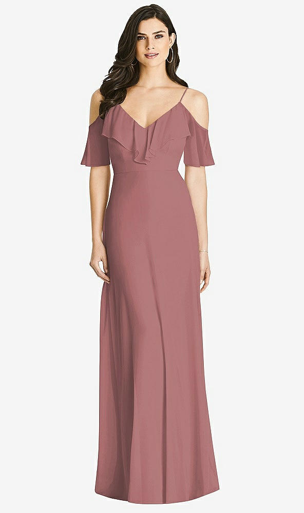 Front View - Rosewood Ruffled Cold-Shoulder Chiffon Maxi Dress