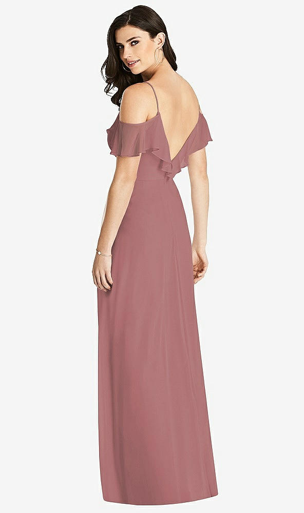 Back View - Rosewood Ruffled Cold-Shoulder Chiffon Maxi Dress