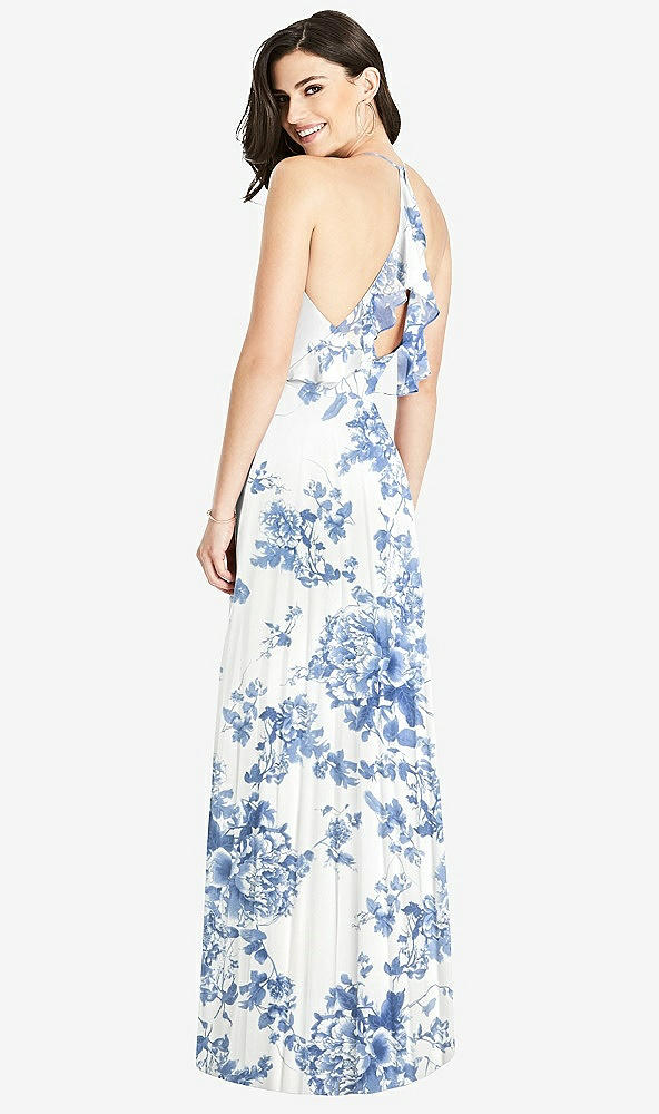 Front View - Cottage Rose Dusk Blue Ruffled Strap Cutout Wrap Maxi Dress