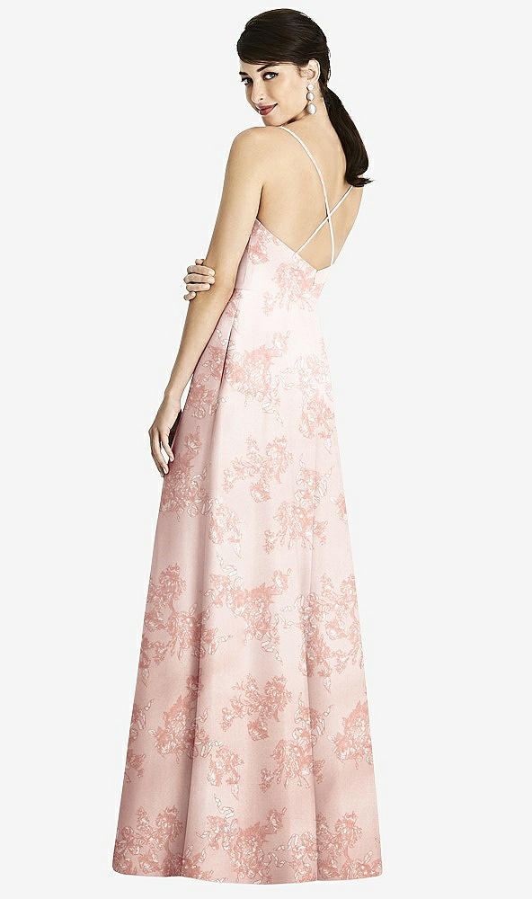 Back View - Bow And Blossom Print Criss Cross Back Floral Satin Maxi Dress with Full A-Line Skirt