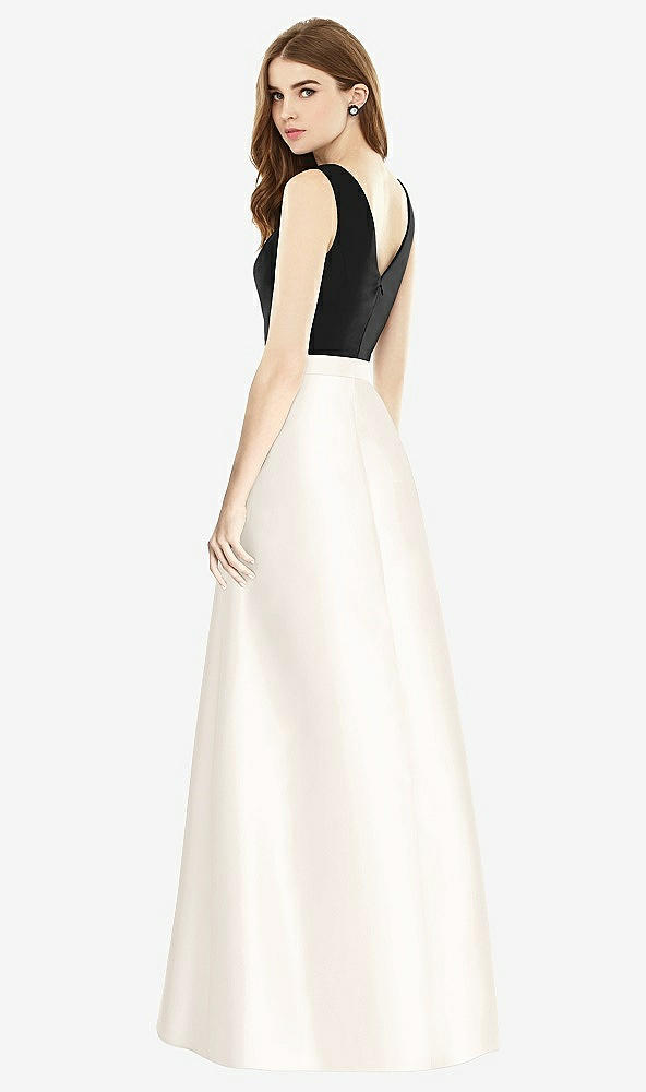 Back View - Ivory & Black Sleeveless A-Line Satin Dress with Pockets