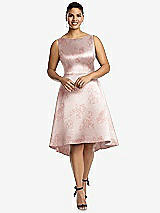 Front View Thumbnail - Bow And Blossom Print Bateau Neck High Low Floral Satin Cocktail Dress