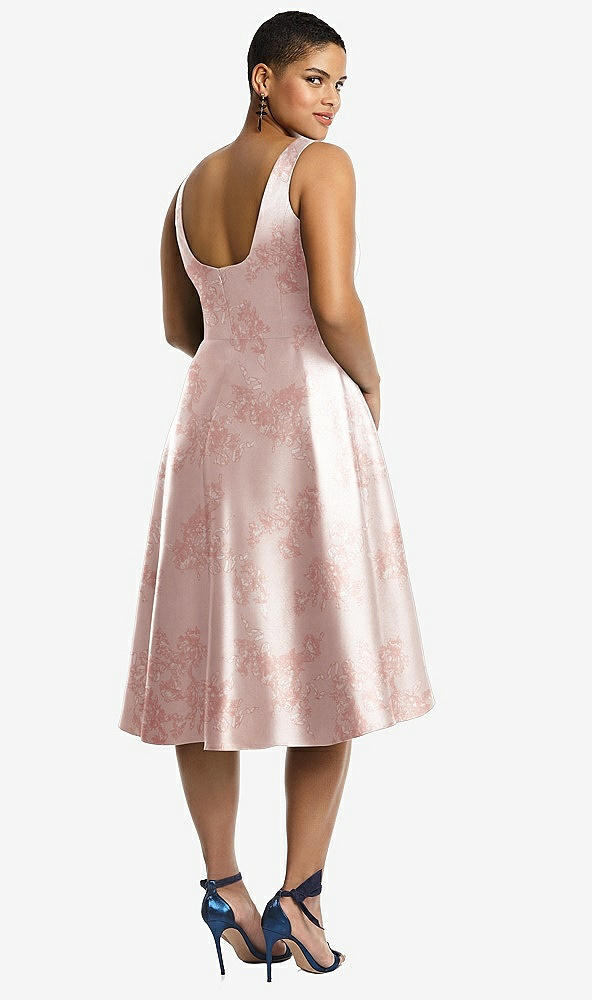 Back View - Bow And Blossom Print Bateau Neck High Low Floral Satin Cocktail Dress