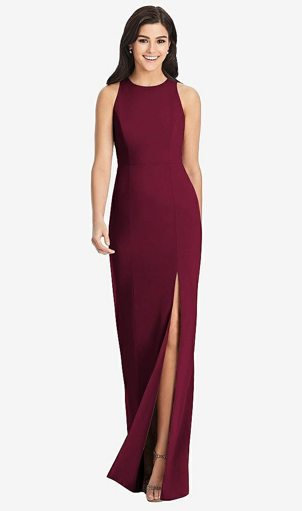 Front View - Cabernet Diamond Cutout Back Trumpet Gown with Front Slit