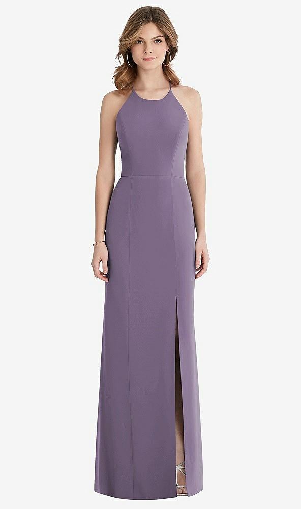 Front View - Lavender Criss Cross Open-Back Chiffon Trumpet Gown