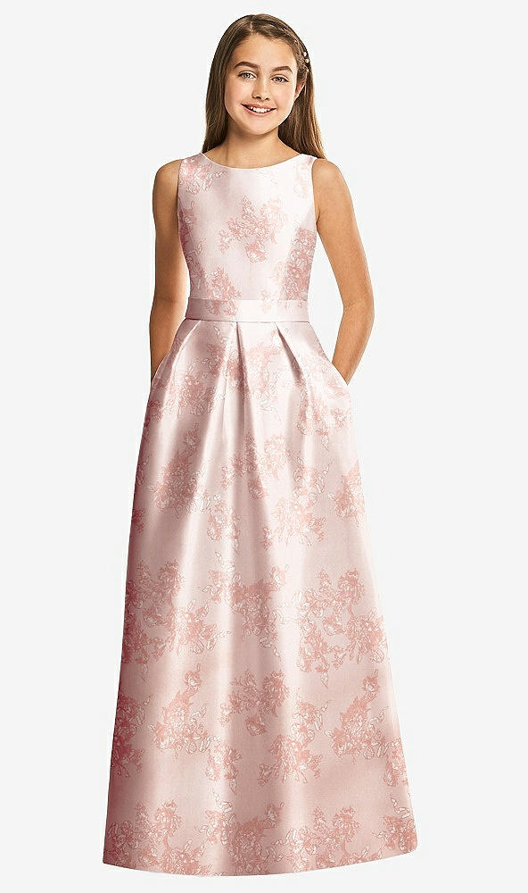Front View - Bow And Blossom Print Floral Bateau Neck Maxi Junior Bridesmaid Dress with Pockets