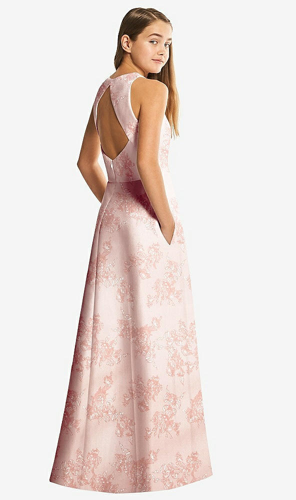 Back View - Bow And Blossom Print Floral Sleeveless Open-Back Satin Junior Bridesmaid Dress