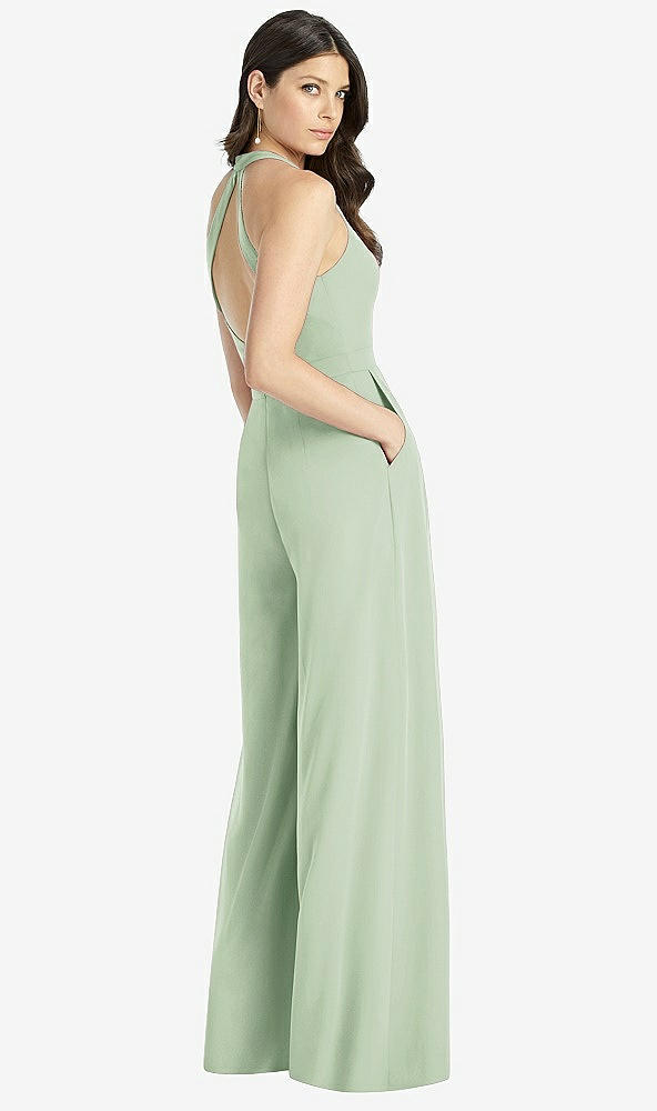 Back View - Celadon V-Neck Backless Pleated Front Jumpsuit