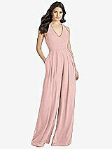 Front View Thumbnail - Rose - PANTONE Rose Quartz V-Neck Backless Pleated Front Jumpsuit