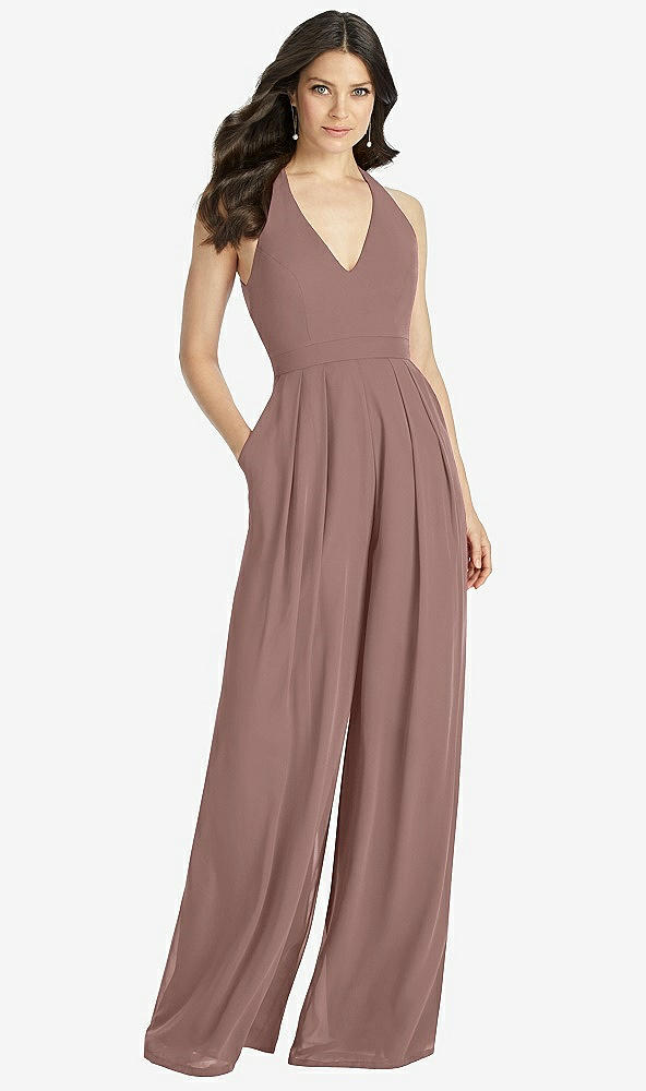 Front View - Sienna V-Neck Backless Pleated Front Jumpsuit