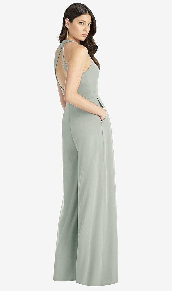 Back View - Willow Green V-Neck Backless Pleated Front Jumpsuit