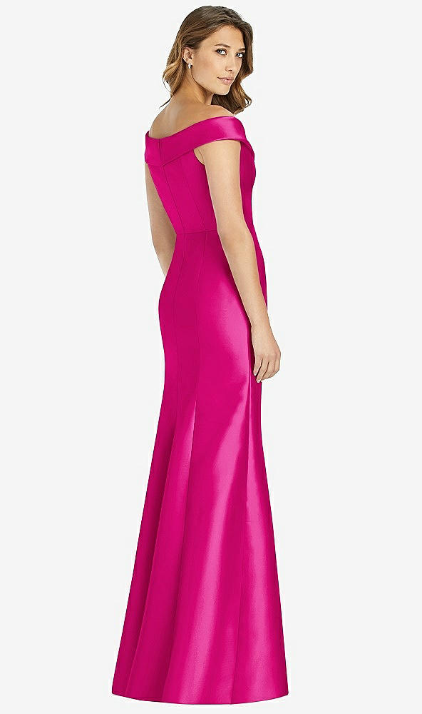 Back View - Think Pink Off-the-Shoulder Cuff Trumpet Gown with Front Slit