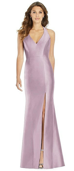 V-Neck Halter Satin Trumpet Gown