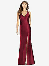 Front View Thumbnail - Burgundy V-Neck Halter Satin Trumpet Gown