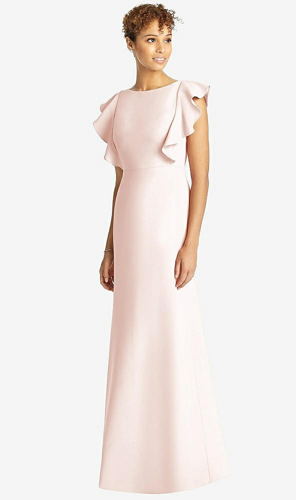 Front View - Blush Ruffle Cap Sleeve Open-back Trumpet Gown