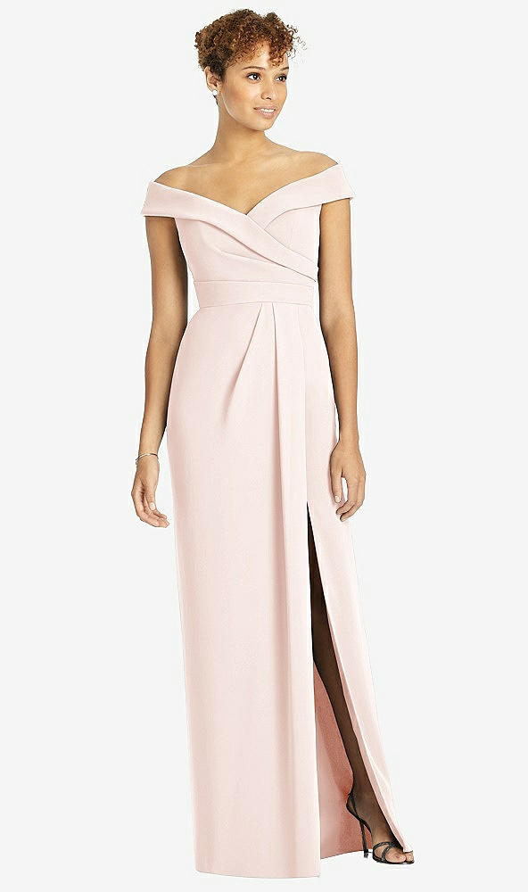 Front View - Blush Cuffed Off-the-Shoulder Faux Wrap Maxi Dress with Front Slit