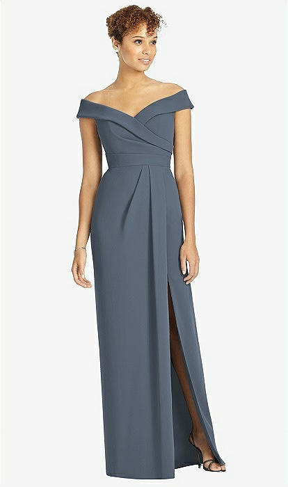 Cuffed Off the shoulder Faux Wrap Maxi Bridesmaid Dress With Front Slit In Silverstone The Dessy Group