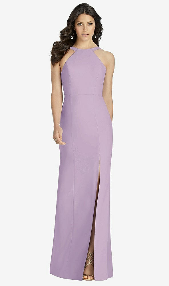 Front View - Pale Purple High-Neck Backless Crepe Trumpet Gown