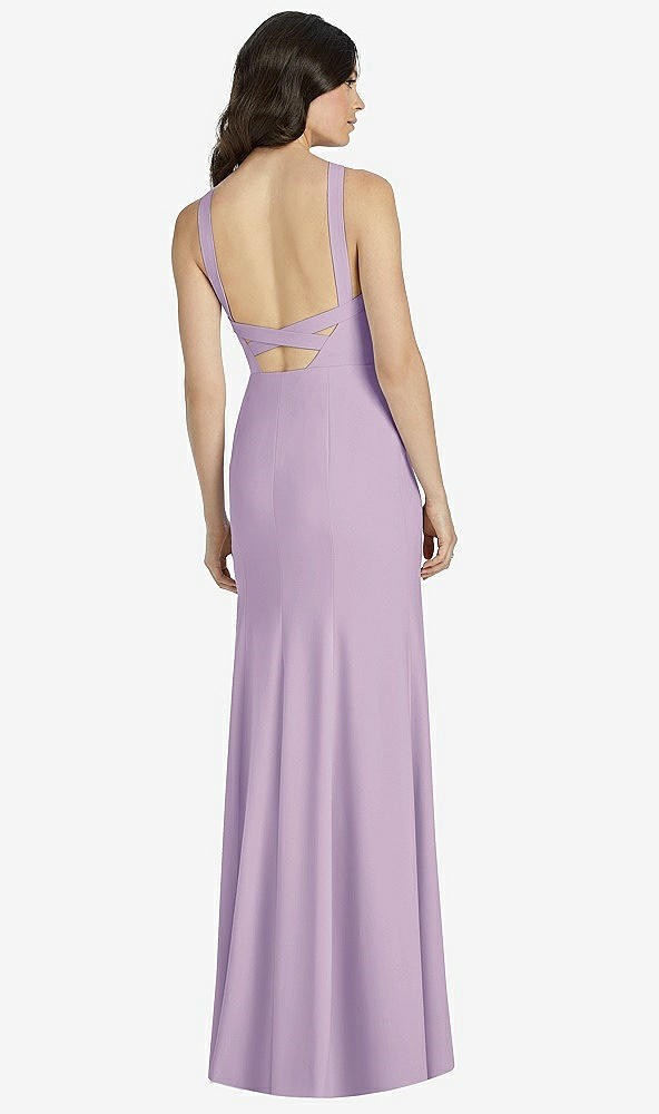 Back View - Pale Purple High-Neck Backless Crepe Trumpet Gown