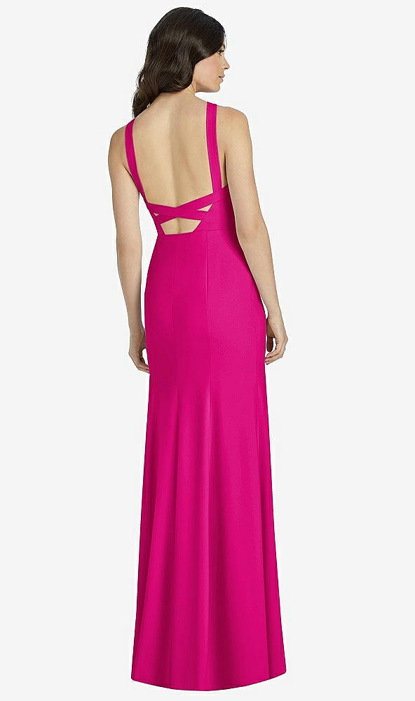 Back View - Think Pink High-Neck Backless Crepe Trumpet Gown