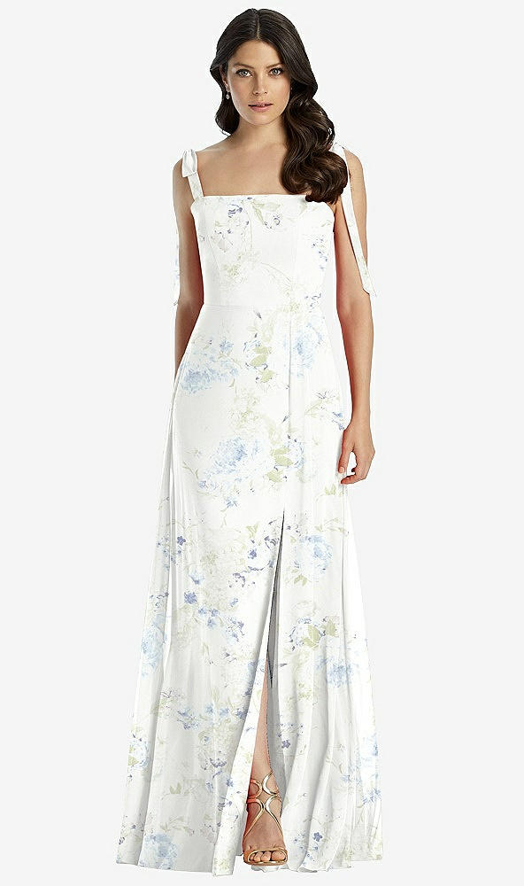 Front View - Bleu Garden Tie-Shoulder Chiffon Maxi Dress with Front Slit