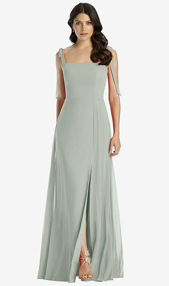 Front View - Willow Green Tie-Shoulder Chiffon Maxi Dress with Front Slit