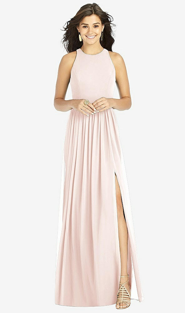 Front View - Blush Shirred Skirt Jewel Neck Halter Dress with Front Slit