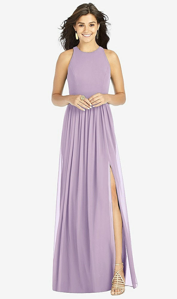 Front View - Pale Purple Shirred Skirt Jewel Neck Halter Dress with Front Slit