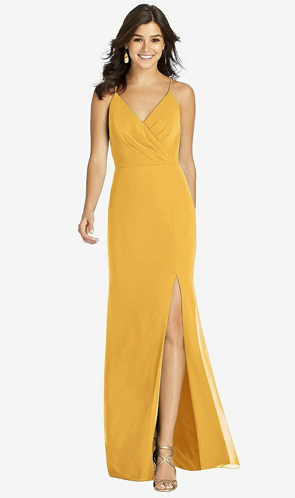 Front View - NYC Yellow Criss Cross Back Mermaid Wrap Dress