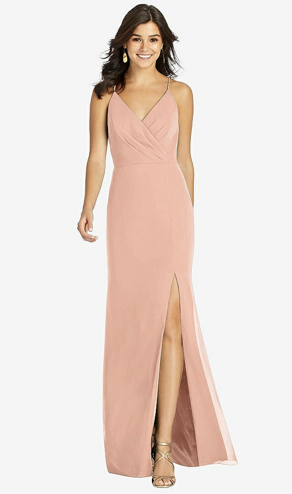 Front View - Pale Peach Criss Cross Back Mermaid Wrap Dress