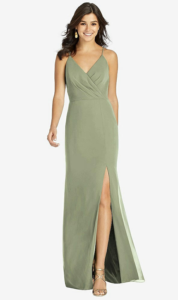 Front View - Sage Criss Cross Back Mermaid Wrap Dress