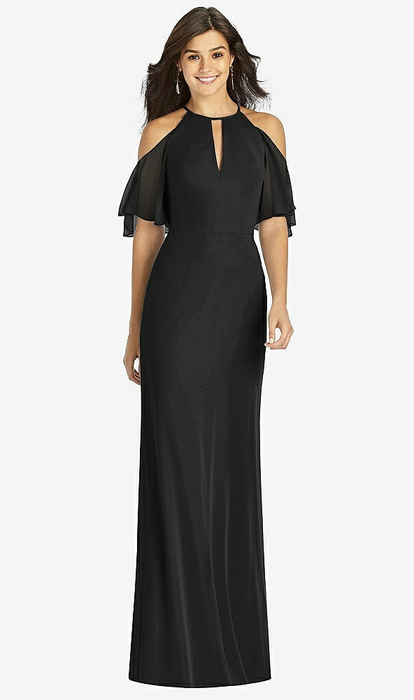 Front View - Black Ruffle Cold-Shoulder Mermaid Maxi Dress