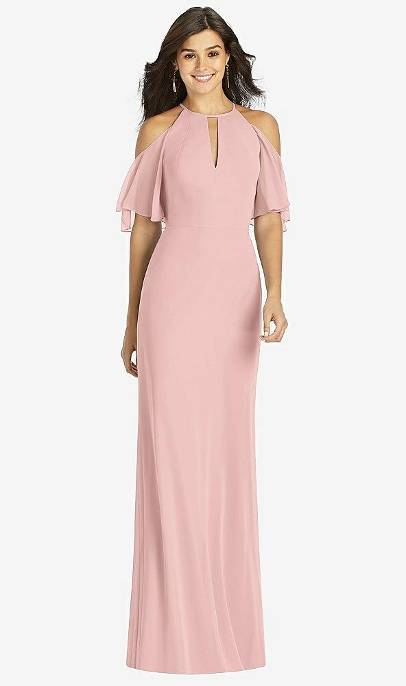 Front View - Rose - PANTONE Rose Quartz Ruffle Cold-Shoulder Mermaid Maxi Dress