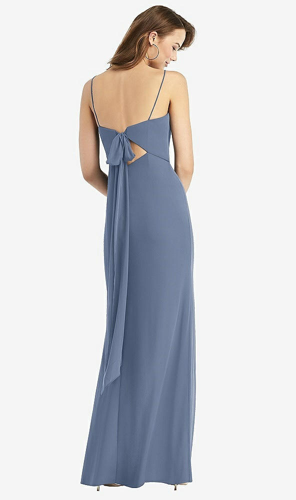 Front View - Larkspur Blue Tie-Back Cutout Trumpet Gown with Front Slit