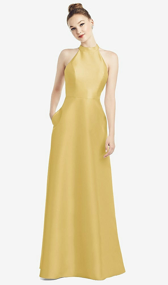 Back View - Maize High-Neck Cutout Satin Dress with Pockets