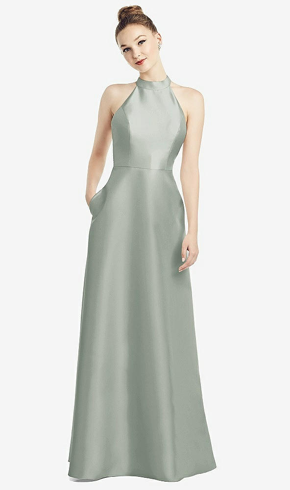 Back View - Willow Green High-Neck Cutout Satin Dress with Pockets