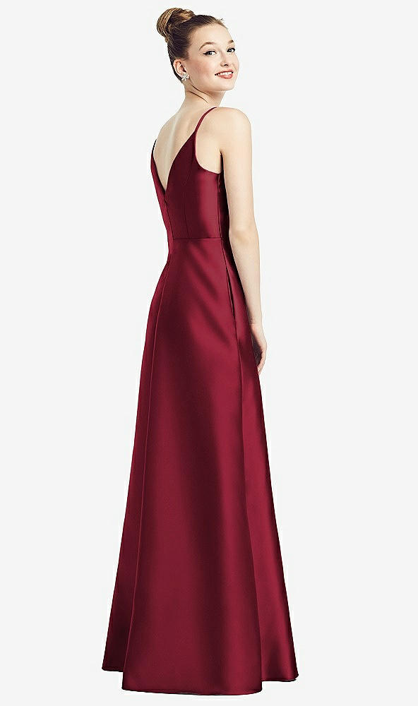 Back View - Burgundy Draped Wrap Satin Maxi Dress with Pockets