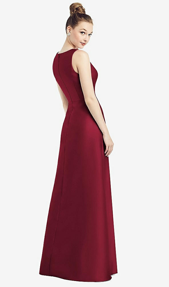 Back View - Burgundy Sleeveless V-Neck Satin Dress with Pockets