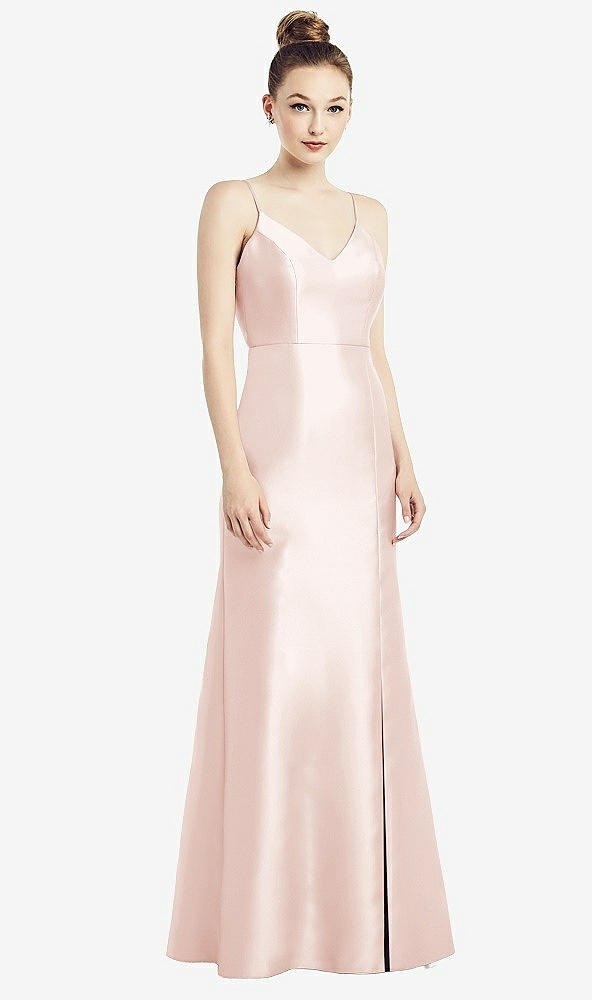 Back View - Blush Open-Back Bow Tie Satin Trumpet Gown