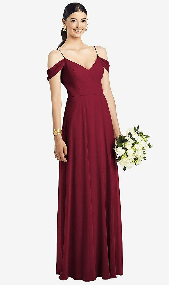 Front View - Burgundy Cold-Shoulder V-Back Chiffon Maxi Dress