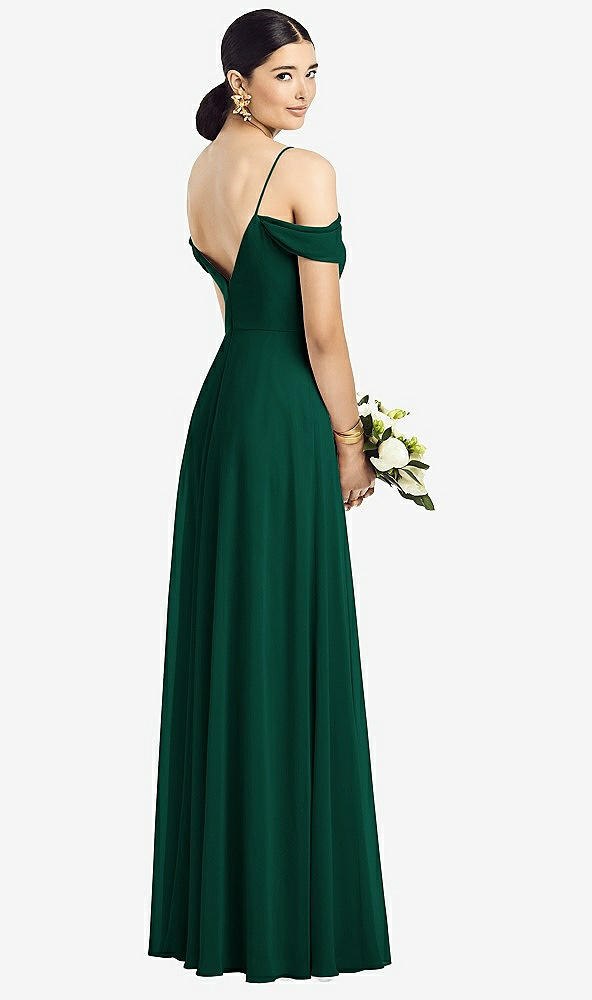 Back View - Hunter Green Cold-Shoulder V-Back Chiffon Maxi Dress