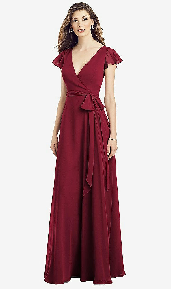 Front View - Burgundy Flutter Sleeve Faux Wrap Chiffon Dress