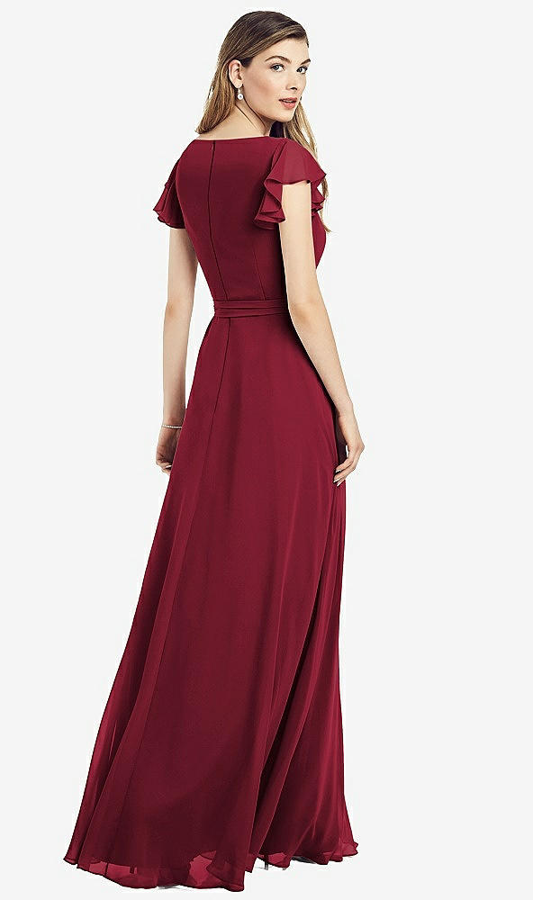 Back View - Burgundy Flutter Sleeve Faux Wrap Chiffon Dress