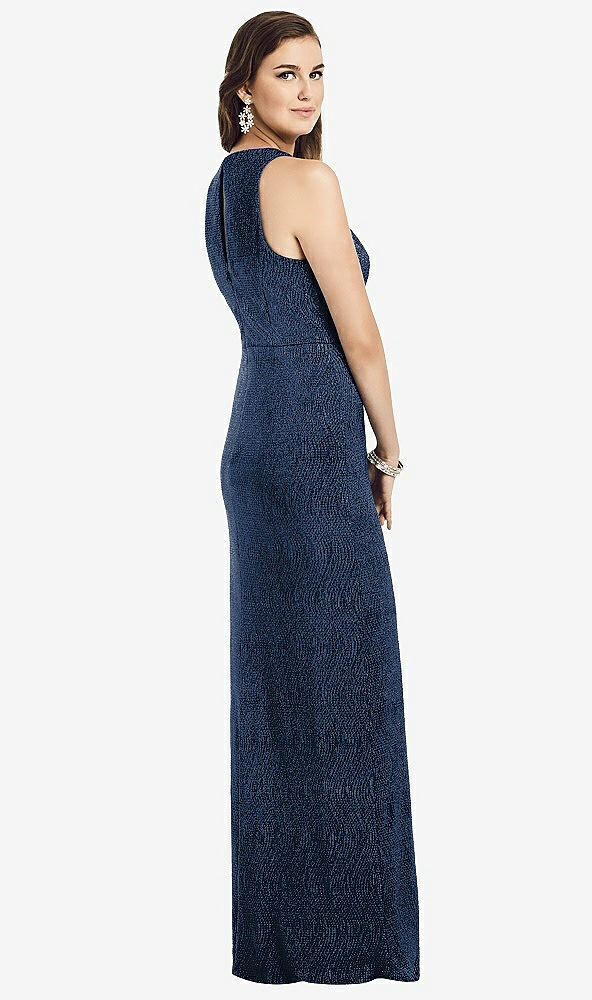 Back View - Midnight Navy Sleeveless Scoop Neck Metallic Trumpet Gown